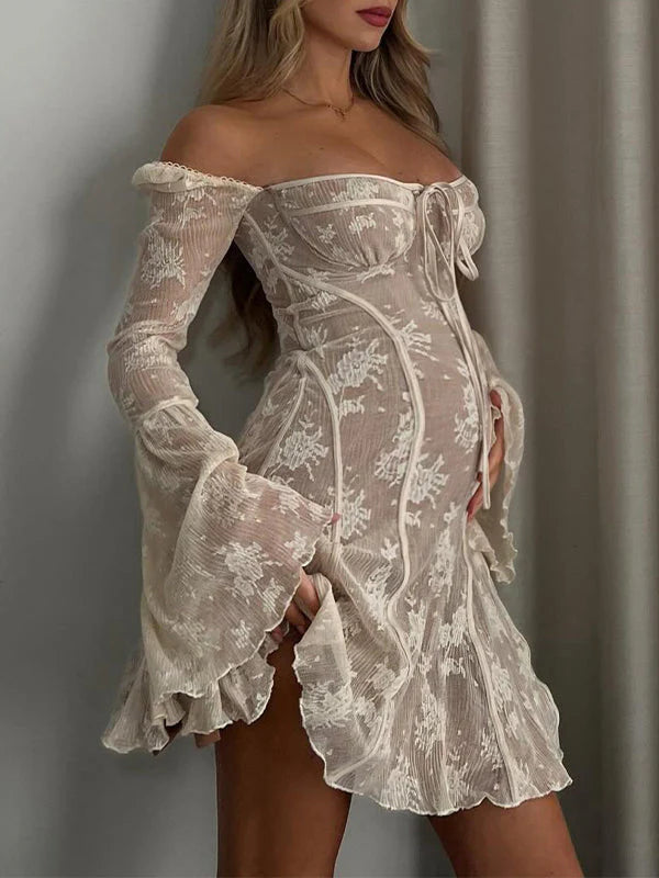 fotobeyou White Lace Off Shoulder Bow Drawstring Ruffle Flare Sleeve Elegant Baby Shower Maternity Mini Dress