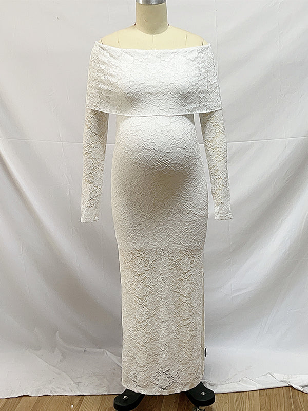 fotobeyou White Lace Off Shoulder Side Slit Bodycon Elegant Wedding Gown Maternity Baby Shower Maxi Dress