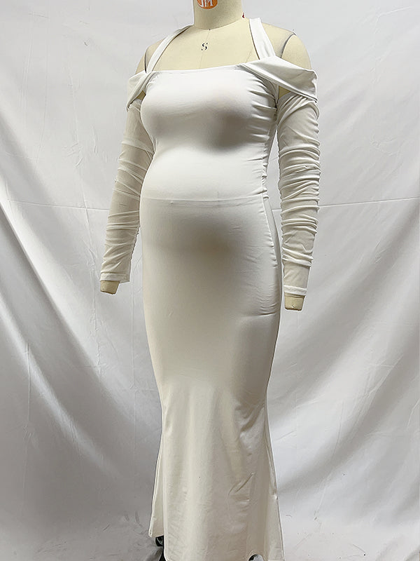 fotobeyou White Off Shoulder Halter Neck Bodycon Elegant Cocktail Maternity Baby Shower Maxi Dress