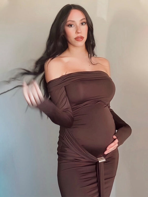 fotobeyou Off Shoulder Draped Ruched Metal Buckle Bodycon Elegant Maternity Photoshoot Maxi Dress