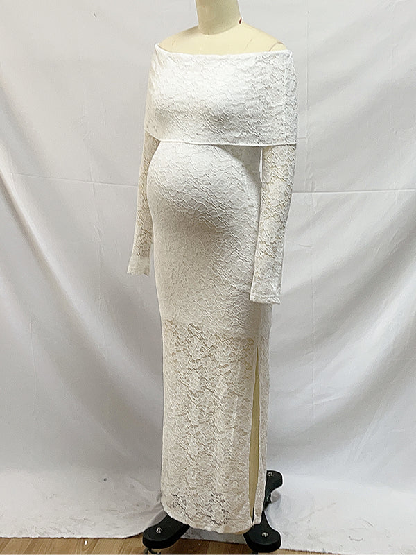 fotobeyou White Lace Off Shoulder Side Slit Bodycon Elegant Wedding Gown Maternity Baby Shower Maxi Dress