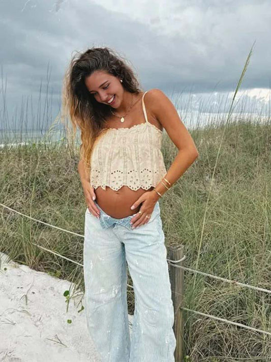 fotobeyou Beige Embroidery Spaghetti Strap Photoshoot Maternity Top