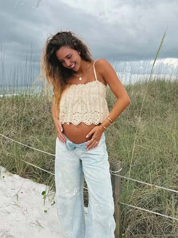 fotobeyou Beige Embroidery Spaghetti Strap Photoshoot Maternity Top