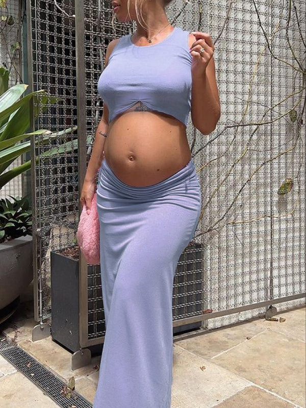 fotobeyou Purple 2-in-1 Pleated Crop Sleeveless Photoshoot Maxi Two Piece Lavender Maternity Dress