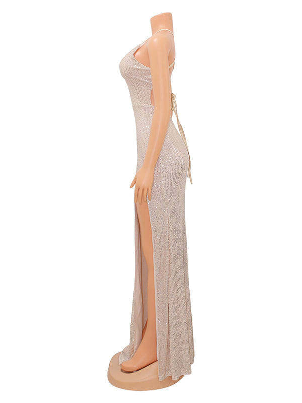 fotobeyou Rose Gold Glitter Sparkly Backless Slit Tie Back Photoshoot Party Maternity Maxi Dress