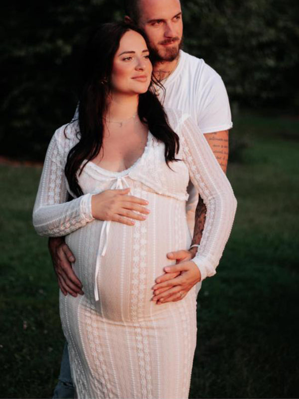 fotobeyou Ivory Lace Two Piece Set Side Slit V-neck Cami Maxi Dress And Crop Cardigan Elegant Going Out Maternity Photoshoot Baby Shower Maxi Dress