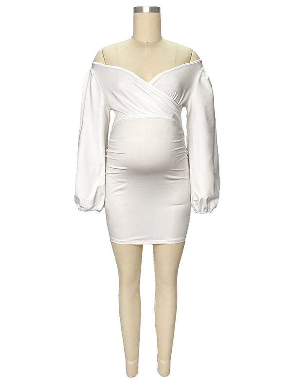 fotobeyou White Off Shoulder Backless V-Neck Lantern Sleeve Bodycon Party Cute Baby Shower Maternity Mini Dress
