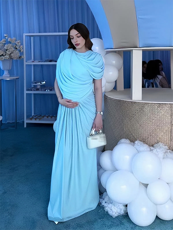 Light Blue Ruched Irregular Neck Baby Shower Maternity Maxi Dress