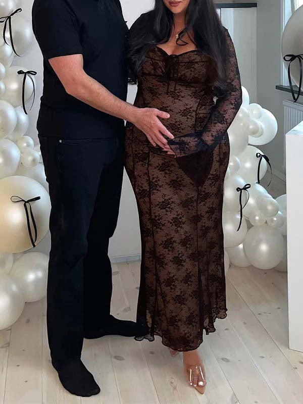 fotobeyou Black Lace Bow Grenadine Flare Sleeve Mermaid Back Lace Up Photoshoot Baby Shower Maternity Maxi Dress