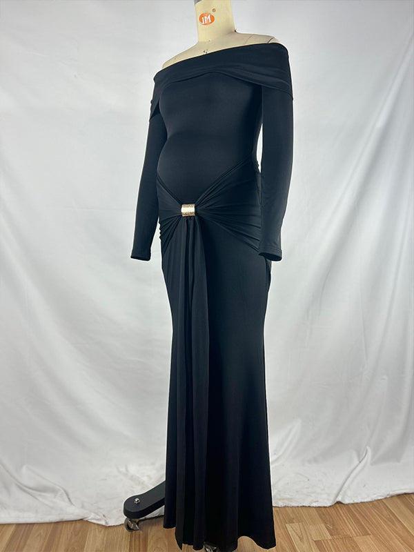 fotobeyou Black Off Shoulder Draped Ruched Metal Buckle Bodycon Elegant Maternity Photoshoot Maxi Dress