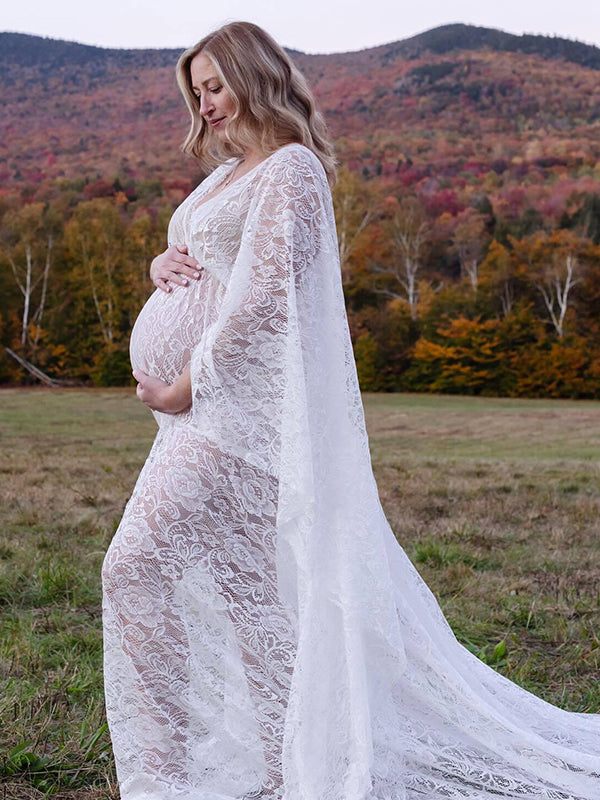 fotobeyou Floral Lace Backless Boho Baby Shower Flare Sleeve Pregnant Maternity Photoshoot Maxi Dress