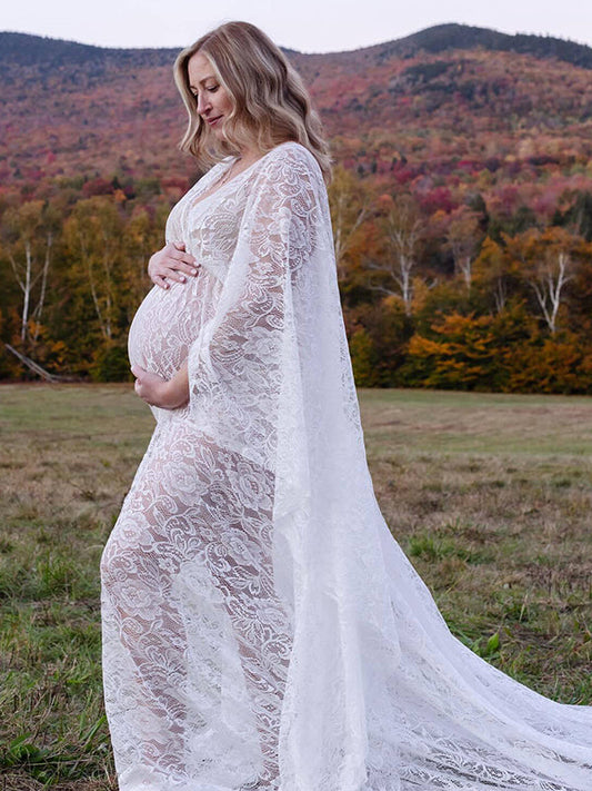 fotobeyou Floral Lace Backless Boho Baby Shower Flare Sleeve Pregnant Maternity Photoshoot Maxi Dress