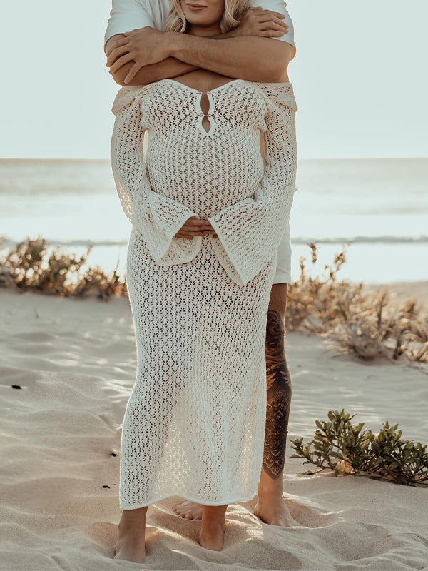 fotobeyou White Cut Out Backless Flare Sleeve Beach Cover Up Baby Shower Photoshoot Maternity Maxi Dress
