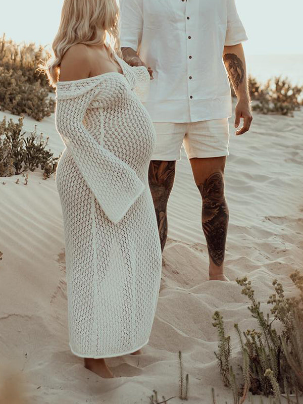 fotobeyou White Cut Out Backless Flare Sleeve Beach Cover Up Baby Shower Photoshoot Maternity Maxi Dress