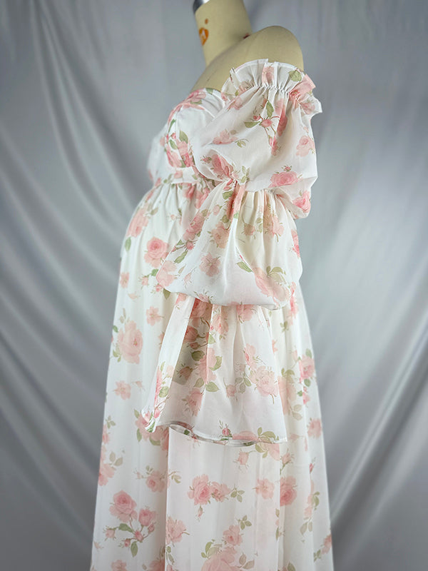 fotobeyou White Floral Off Shoulder Ruffle Big Swing Trailing Tail Elegant Dreamy Maternity Baby Shower Photoshoot Maxi Dress