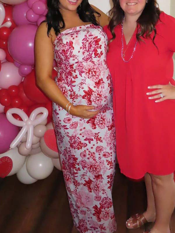 fotobeyou Red Strap Stamp Open Back Side Slit Banquet Baby Shower Maternity Photoshoot Maxi Dress