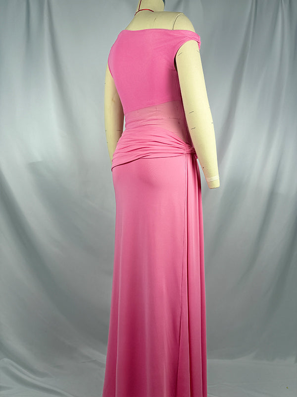 Pink One Shoulder Ruched Mesh ELegant Maternity Maxi Dress