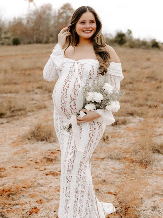 fotobeyou White Off Shoulder Lace Bandeau Tie Front Mermaid Plus Size Photoshoot Maternity Maxi Dress