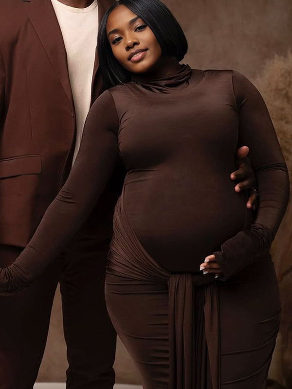 fotobeyou Belt Splicing Ruched Draped Bodycon Mermaid Photoshoot Maternity Maxi Dress