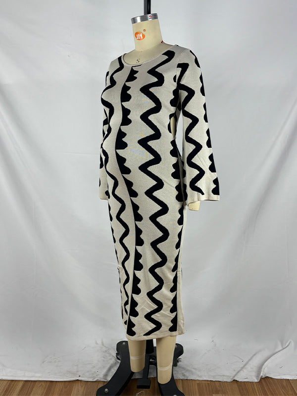 fotobeyou Beige Wavy Edge Cut Out Bodycon Elegant Photoshoot Baby Shower Maternity Maxi Sweater Dress