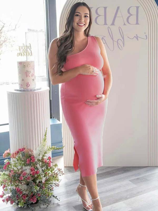 Pink Ruched One Shoulder Side Slit Elegant Maternity Maxi Dress
