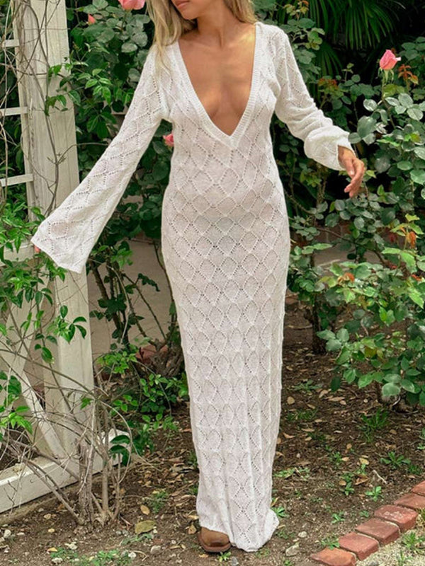fotobeyou White Knitting Backless Tie Back Deep V-neck Photoshoot Maternity Maxi Dress
