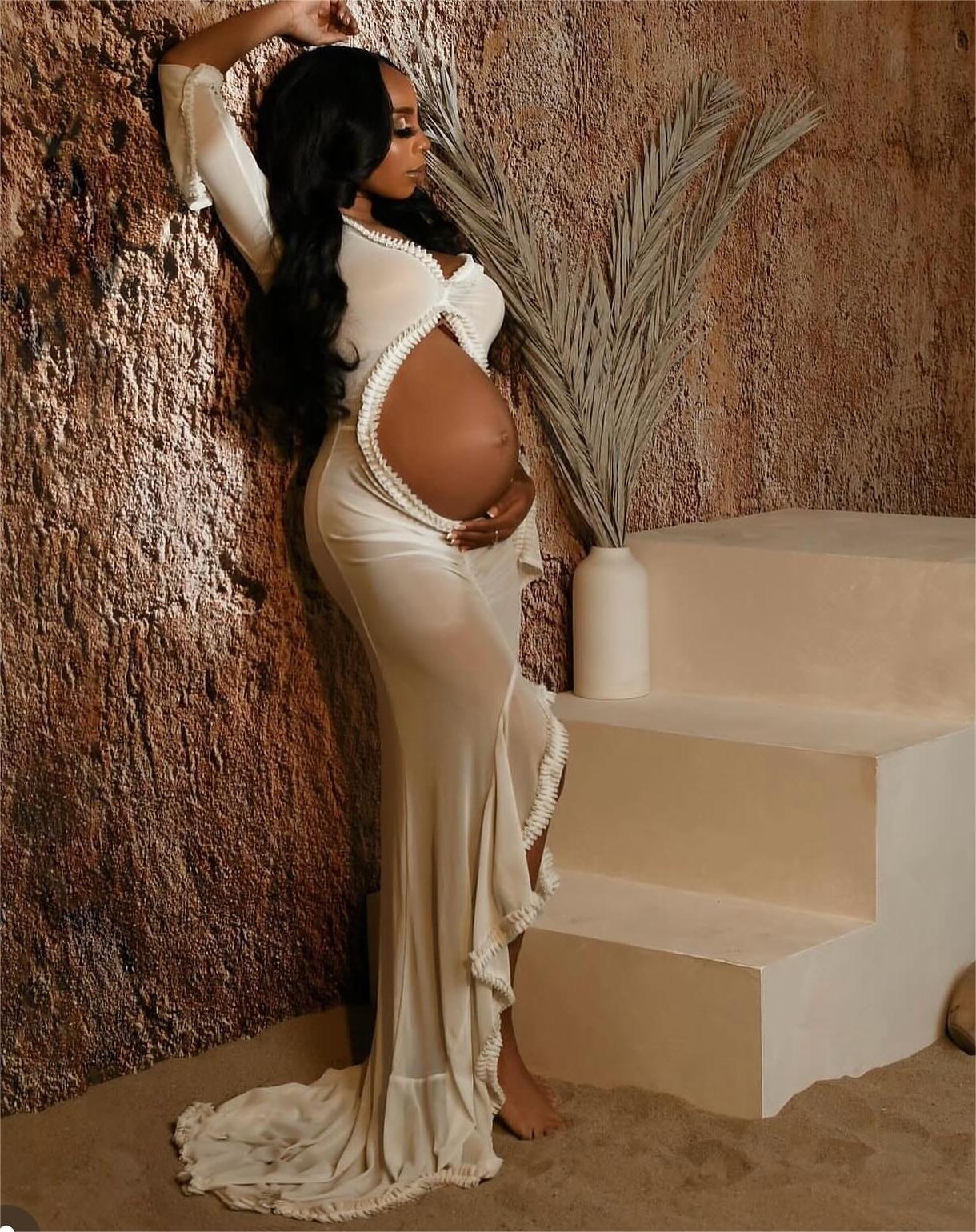 fotobeyou White Ruffle Cut Out Crop Irregular Split Sheer Vacation Dress Bodycon Photoshoot Maternity Maxi Dress