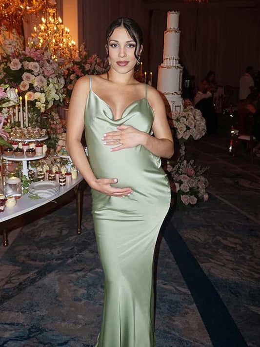 fotobeyou Satin 3D Flowers Ruched Backless Cami Bodycon Mermaid Elegant Evening Gown Maternity Baby Shower Maxi Dress