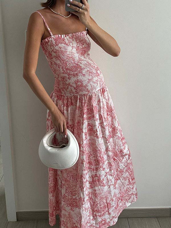 fotobeyou Pink  Printed High Waist Tube Top Smocked  Floral  Maternity Maxi Dress