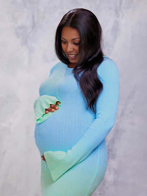fotobeyou Light Blue Hit Color Flare Sleeve Mermaid Elegant Photoshoot Baby Shower Maternity Maxi Sweater Dress