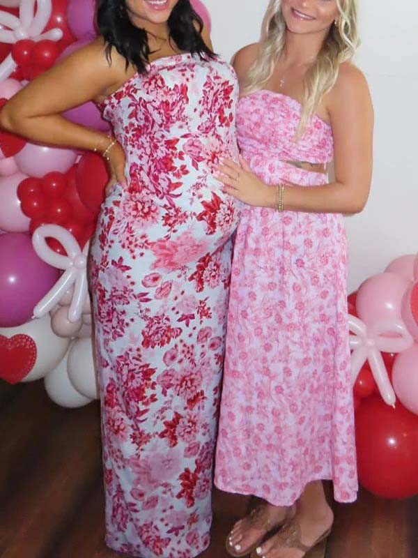 fotobeyou Red Strap Stamp Open Back Side Slit Banquet Baby Shower Maternity Photoshoot Maxi Dress