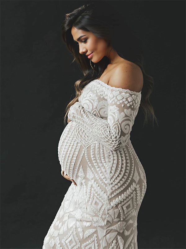 fotobeyou White Lace Sequin Off Shoulder Mermaid Bodycon Wedding Gown Baby Shower Elegant Foamal Maternity Photoshoot Maxi Dress