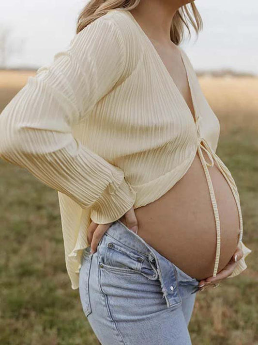 fotobeyou Beige lace-up Flare Sleeve Modern Fashion Maternity Photoshoot Blouse