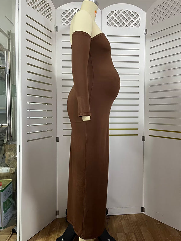 fotobeyou Brown Off Shoulder Long Sleeve Bodycon Elegant Going Out Maternity Photoshoot Baby Shower Party Maxi Dress