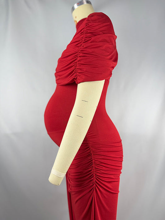 Irregular Ruched Side Slit Cape Sleeve ELegant Maternity Maxi Dress