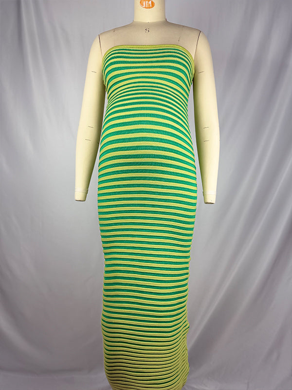 fotobeyou Striped Knitted Bandeau Strapless Bodycon Elegant Maternity Baby Shower Maxi Dress