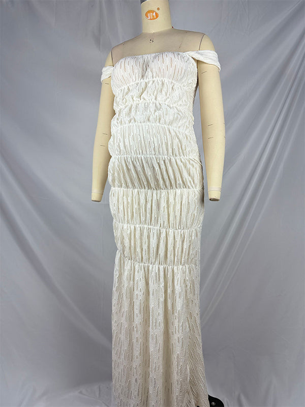 fotobeyou Off Shoulder Smocked Ruched Hollow Out Sheer Photoshoot Maternity Maxi Dress