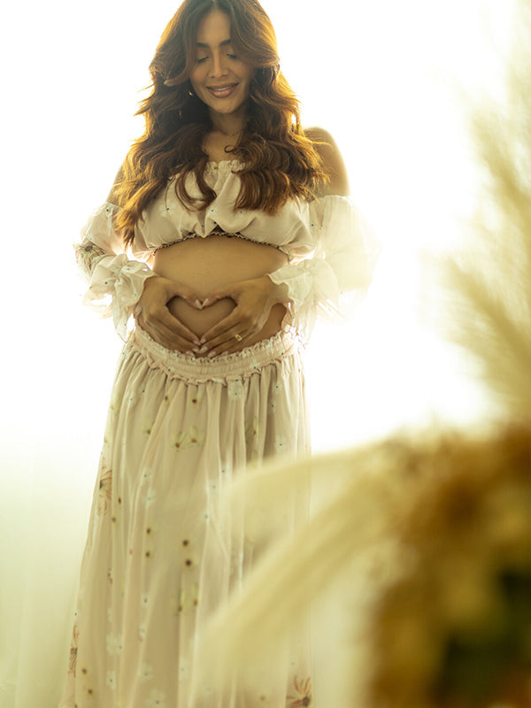 fotobeyou Two Piece Boho Flower Printing Off Shoulder Chiffon Crop Bandeau Photoshoot Maternity Maxi Dress