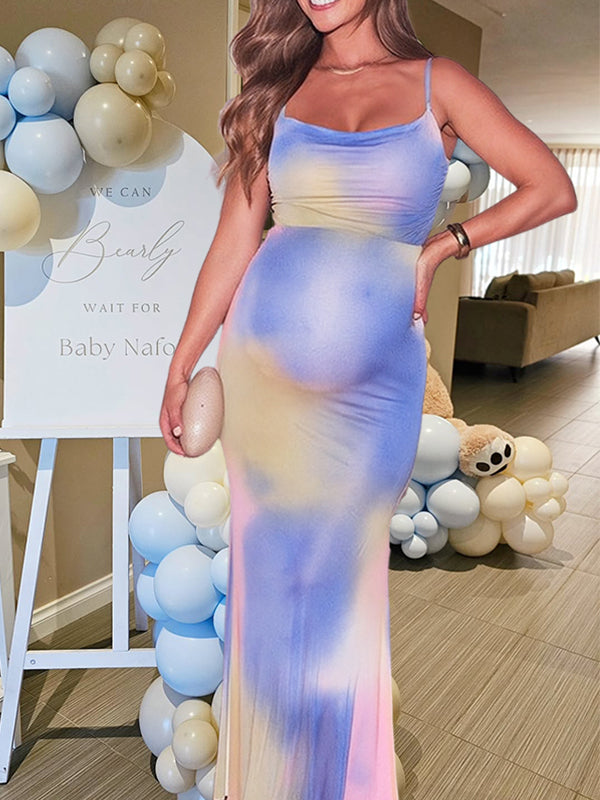 Pink&Blue Tie Dye Mesh Ruched Cami Gender Reveal Maternity Maxi Dress