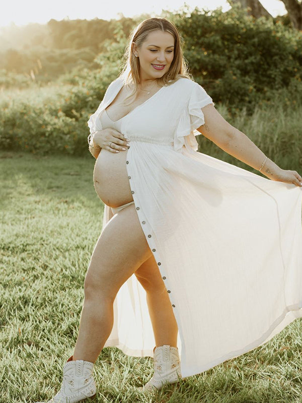 fotobeyou White Deep V-neck Button Down Boho Plus Photoshoot Maternity Maxi Dress
