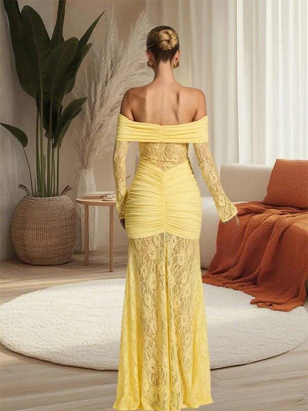 fotobeyou Off Shoulder Lace Ruched Mermaid Baby Shower Maternity Maxi Dress