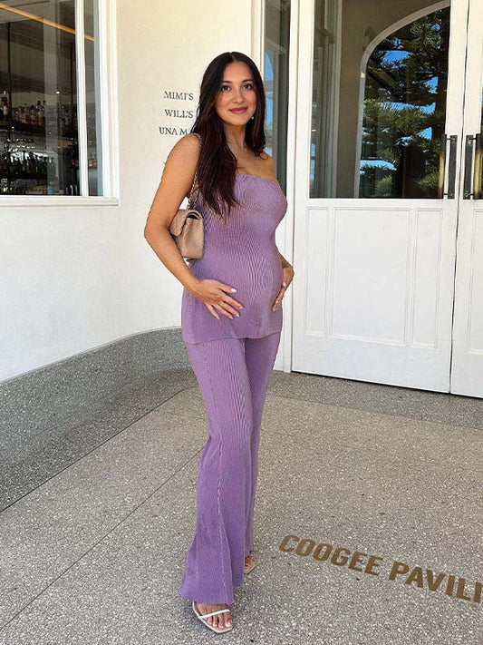 fotobeyou Purple 2-in-1 Pleated Backless Bandeau Elegant Baby Shower Maternity Jumpsuit Outfit