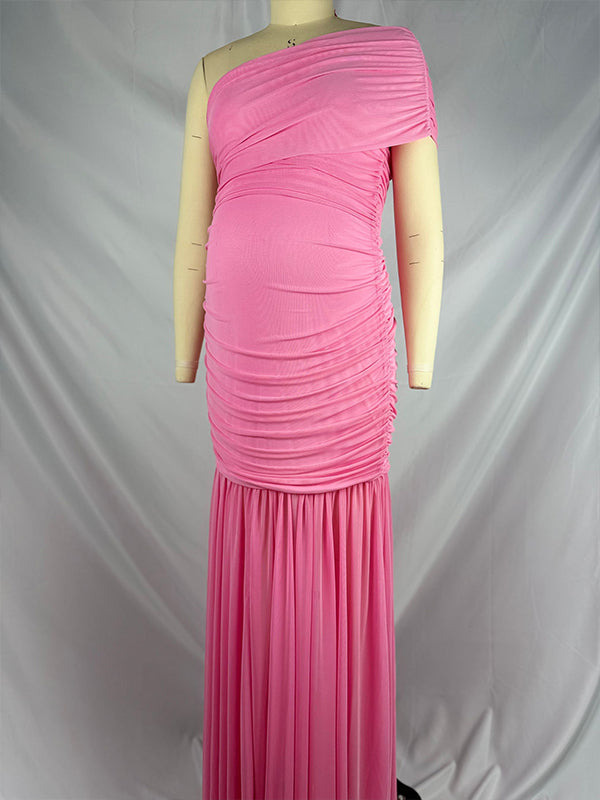 Mesh One Shoulder Ruched Side Slit Mermaid Maternity Maxi Dress