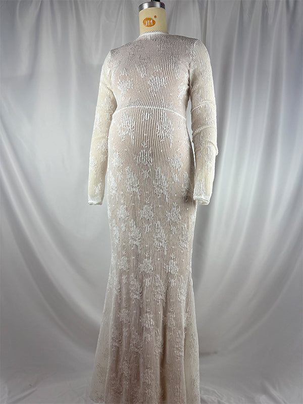 fotobeyou White Lace Ruffle Mermaid Elegant Maternity Maxi Dress