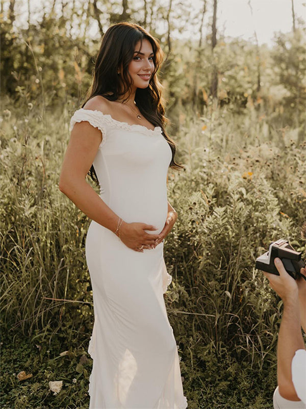 fotobeyou Off Shoulder Irregular Side Slit Bodycon Fashion Photoshoot Baby Shower Maternity Maxi Dress