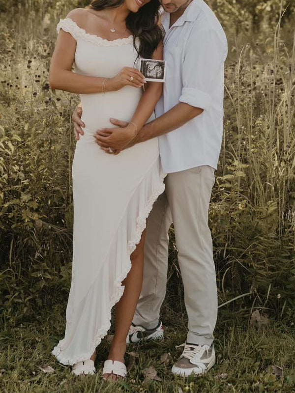 fotobeyou Off Shoulder Irregular Side Slit Bodycon Fashion Photoshoot Baby Shower Maternity Maxi Dress