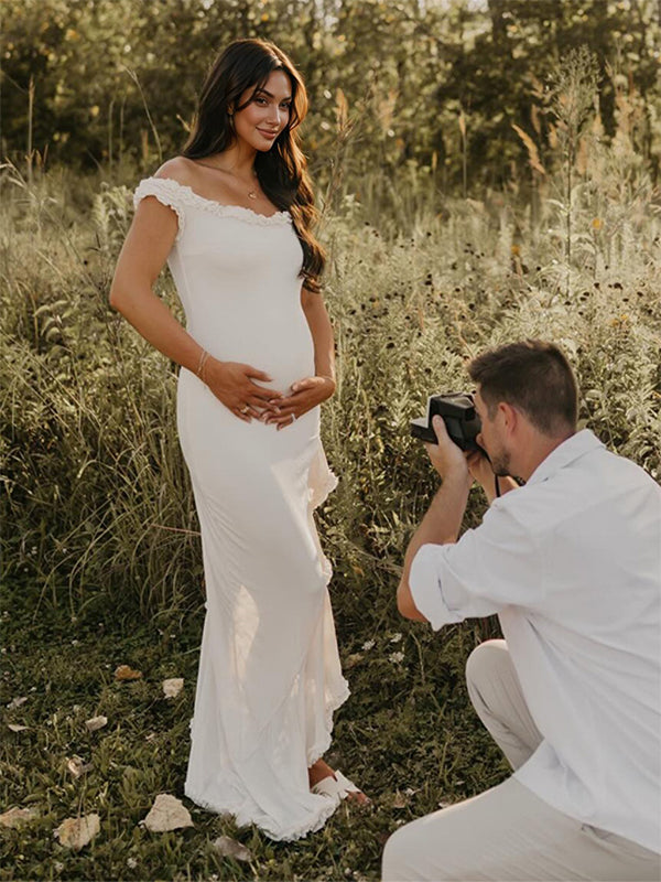 fotobeyou Off Shoulder Irregular Side Slit Bodycon Fashion Photoshoot Baby Shower Maternity Maxi Dress