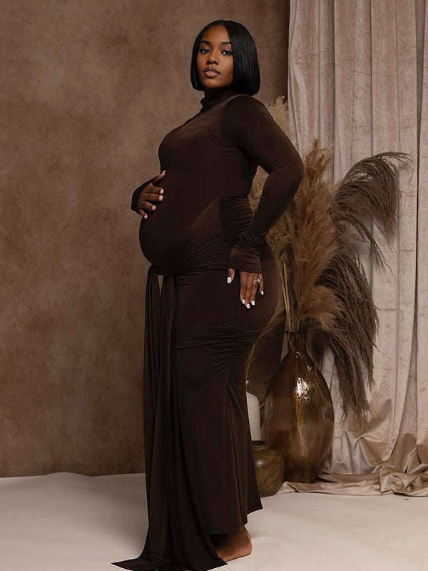 fotobeyou Belt Splicing Ruched Draped Bodycon Mermaid Photoshoot Maternity Maxi Dress