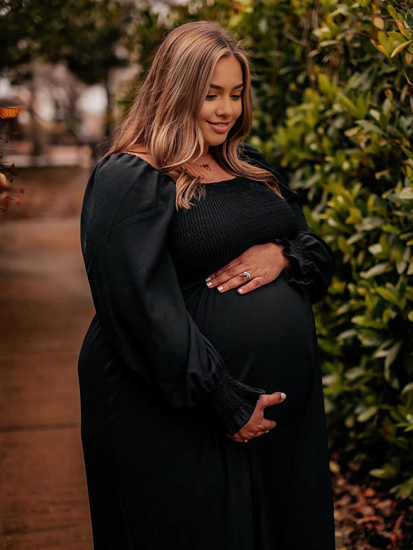 Black Smocked Falbala High Waisted Maternity Photoshoot Maxi Dress