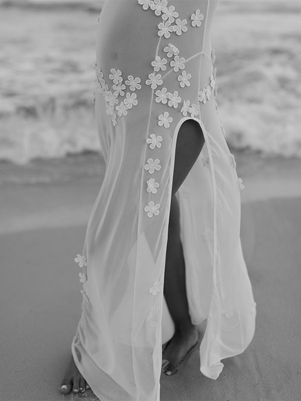 fotobeyou Cut Out Lace Patchwork V-Neck Sheer Side Slit Sleeveless Photoshoot Maternity Maxi Dress